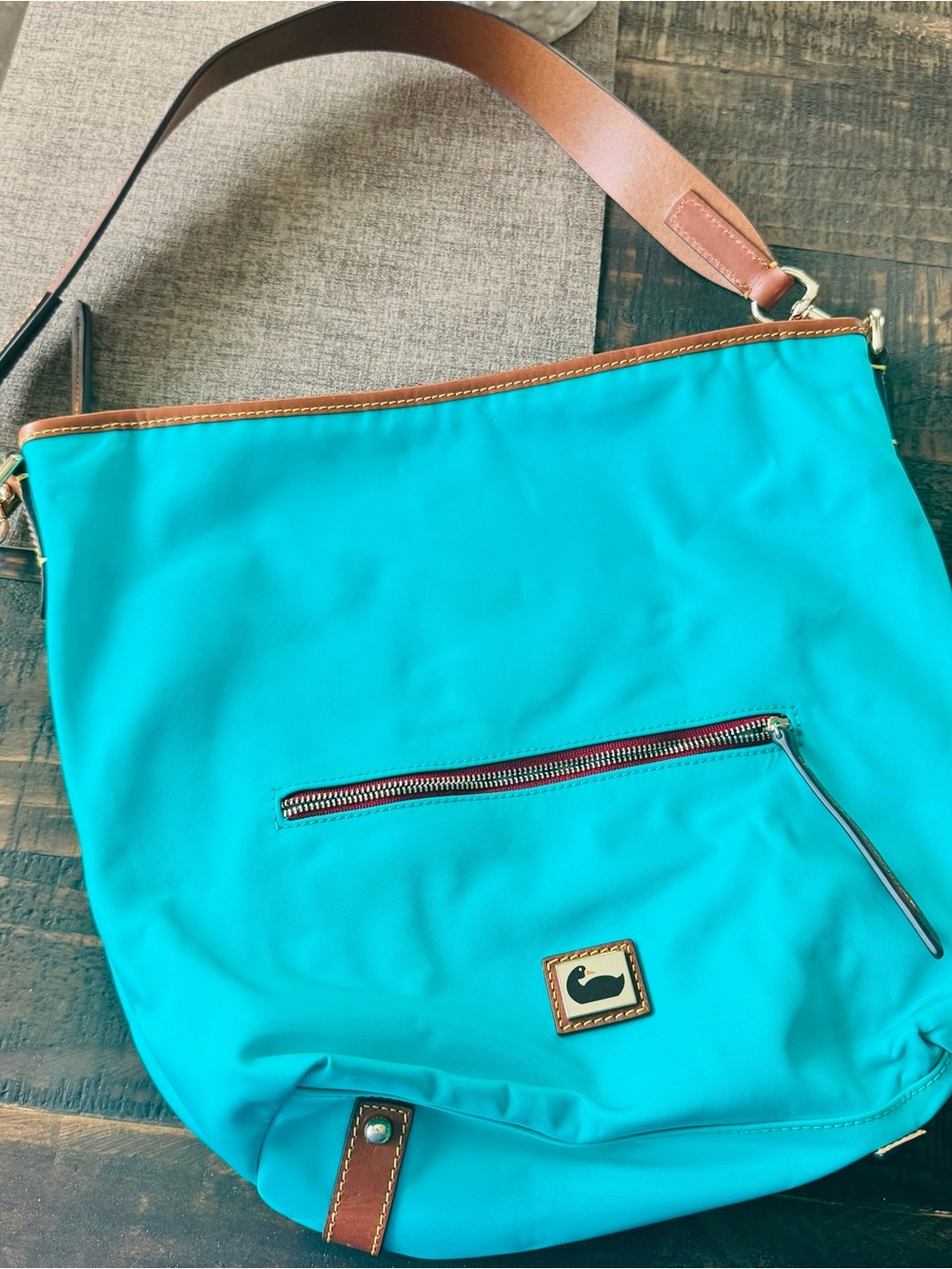 Dooney & Bourke Wayfarer Aqua Nylon Shoulder Hobo with Brown Leather Trim - Picture 2 of 9